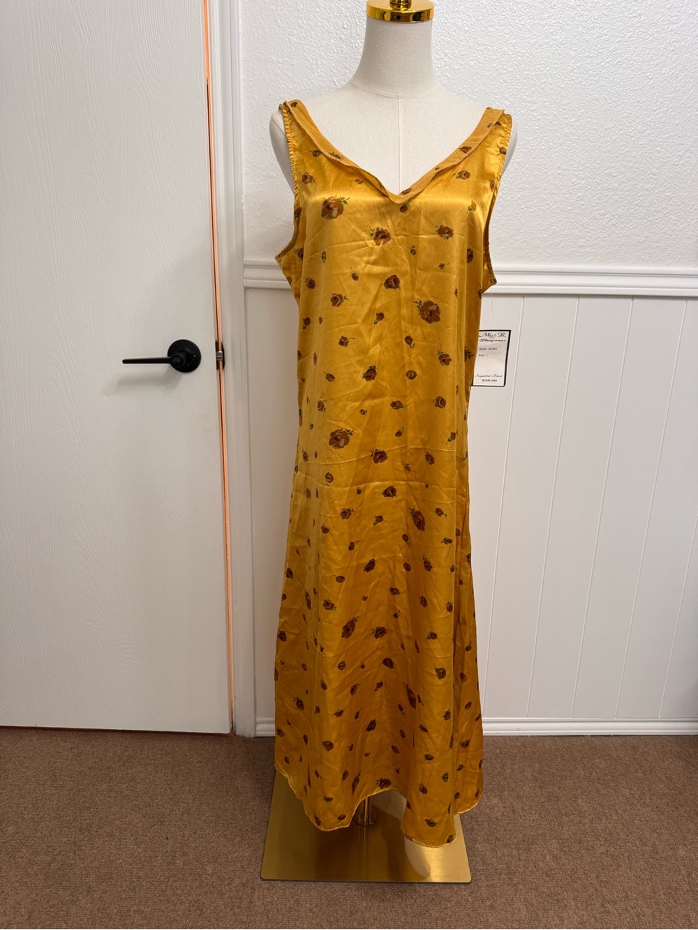 Mustard Yellow Floral Satin Slip Dress